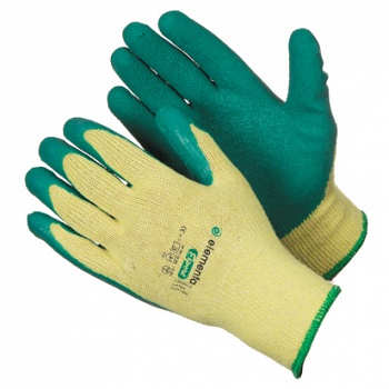 Перчатки  желтые зеленая заливка  EXPERT CRINKLE LATEX COTTON LC-1408 "ELEMENTA" 12 пар/уп